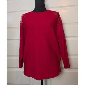 NWT LIV Milano Size L Sweater Red Dolman Embellished Rhinestones Floral Festive